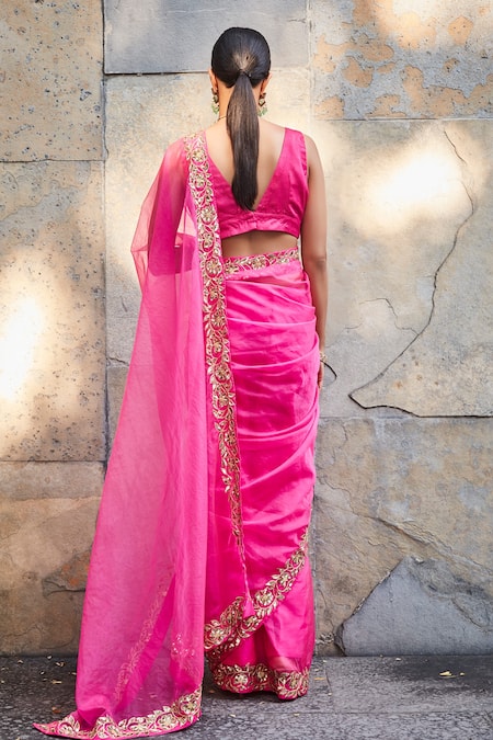 Shop_Ranian_Fuchsia Satin , Organza Zardozi, Border Embroidered Saree With Blouse _at_Aza_Fashions