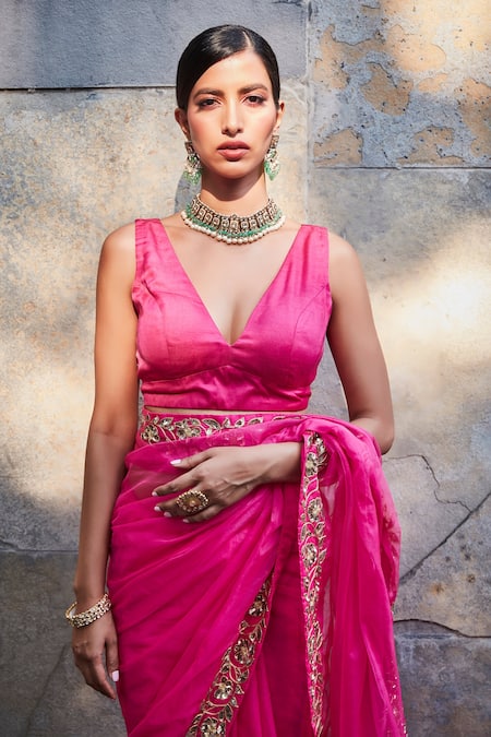 Buy_Ranian_Fuchsia Satin , Organza Zardozi, Border Embroidered Saree With Blouse _Online_at_Aza_Fashions