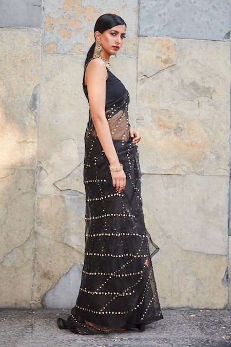 Ranian Black Satin , Organza 3d Sequins Square Embroidered Saree With Blouse Online at Aza Fashions Ranian_Black Satin , Organza 3d Sequins Square Embroidered Saree With Blouse _Online_at_Aza_Fashions