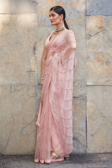 Ranian_Pink Satin , Organza 3d Sequins V Neck Embroidered Saree With Blouse _Online_at_Aza_Fashions