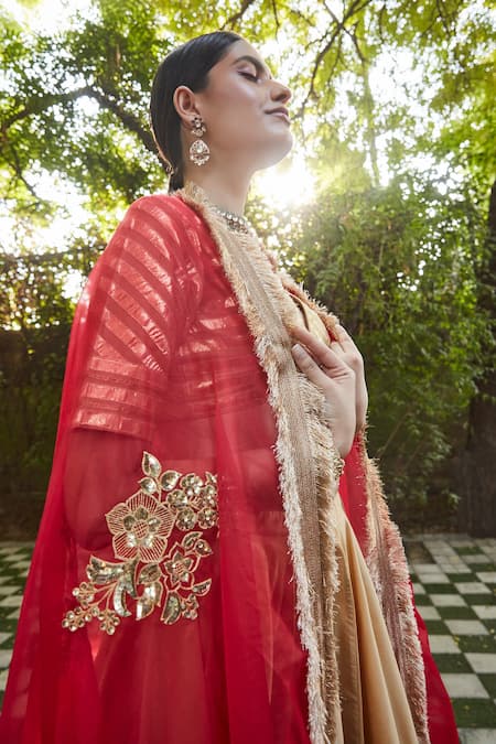 Buy Ranian Gold , Organza Gota, Zardozi Plunge V Embroidered Lehenga Set Online at Aza Fashions Buy_Ranian_Gold , Organza Gota, Zardozi Plunge V Embroidered Lehenga Set _Online_at_Aza_Fashions