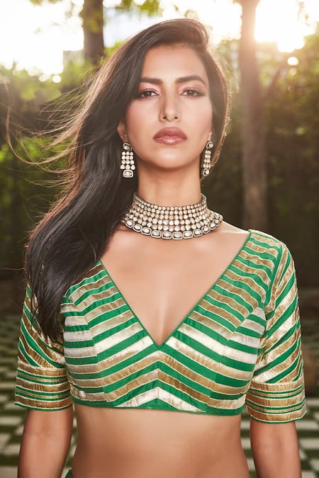 Buy_Ranian_Green , Organza Gota, Zardozi Plunge V Embroidered Lehenga Set _Online_at_Aza_Fashions