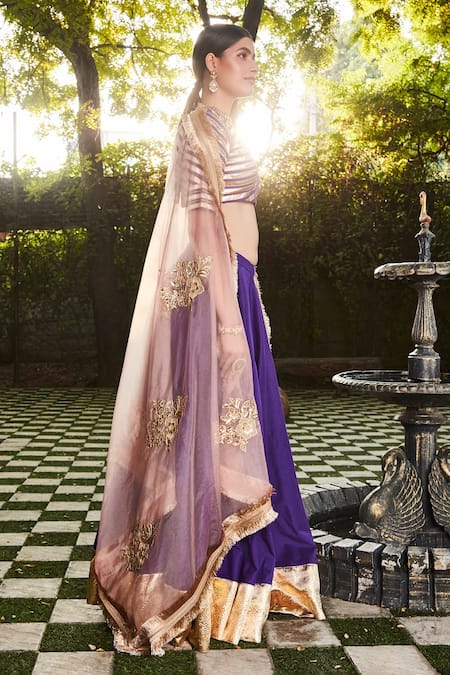 Ranian_Purple , Organza Gota, Zardozi Plunge V Embroidered Lehenga Set _Online_at_Aza_Fashions