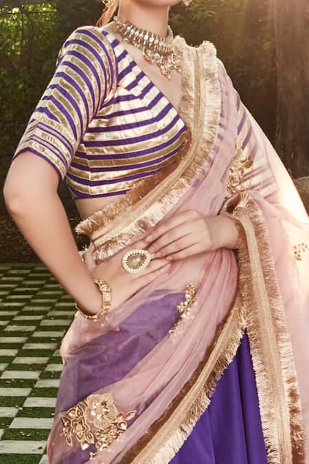 Shop_Ranian_Purple , Organza Gota, Zardozi Plunge V Embroidered Lehenga Set _Online_at_Aza_Fashions