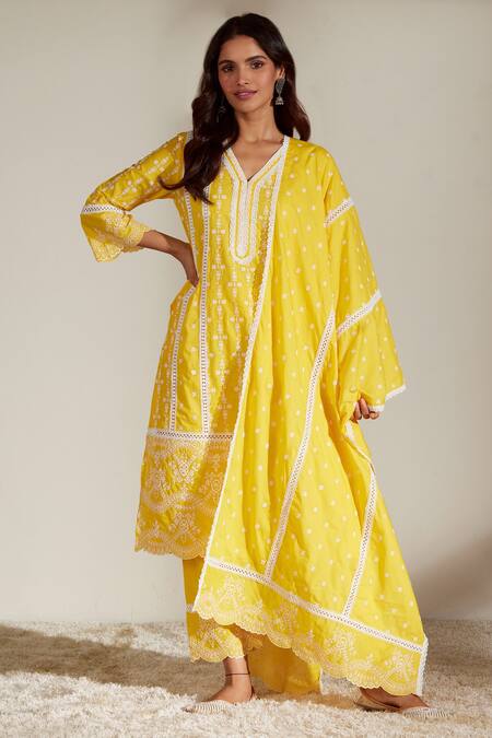 Mulmul Yellow 100% Pure Pima Cotton Embroidered Melanie Kurta Pant Set 