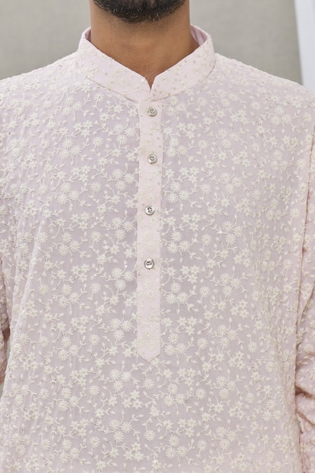 Rng Safawala_Pink Dhoti Pant- Cotton Silk, Kurta - Georgette Sequin, Chikan Set_at_Aza_Fashions