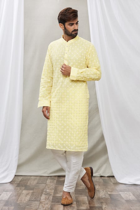 Rng Safawala Yellow Kurta - Georgette, Pant- Dupion Silk Sequin, Chikan Set 