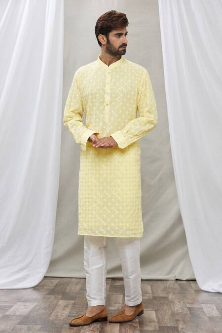 Rng Safawala_Yellow Kurta - Georgette, Pant- Dupion Silk Sequin, Chikan Set_Online_at_Aza_Fashions