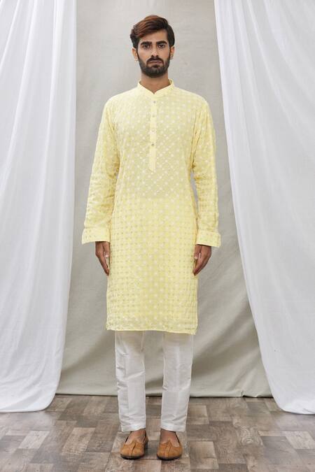 Buy_Rng Safawala_Yellow Kurta - Georgette, Pant- Dupion Silk Sequin, Chikan Set_Online_at_Aza_Fashions