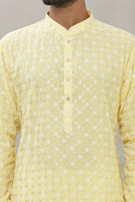Rng Safawala_Yellow Kurta - Georgette, Pant- Dupion Silk Sequin, Chikan Set_at_Aza_Fashions