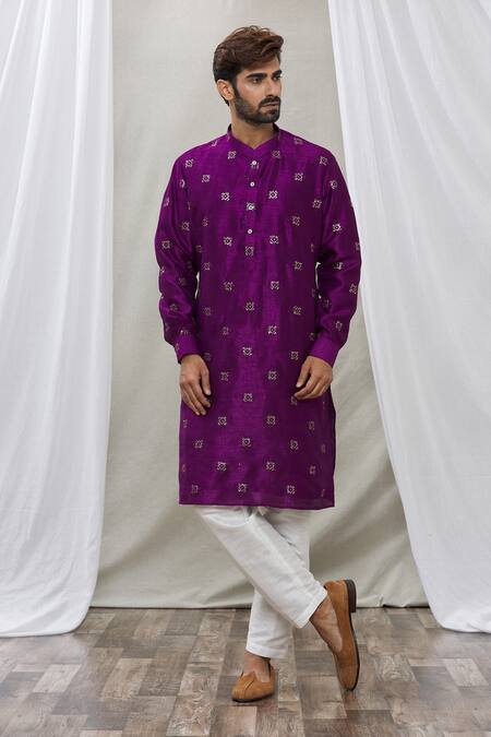 Rng Safawala_Purple Kurta - Cotton , Pant- Dupion Thread And Sequin Embroidered Set_Online_at_Aza_Fashions