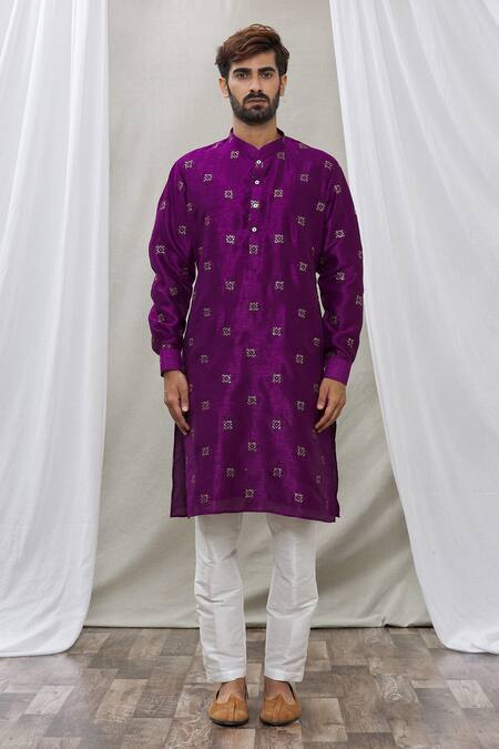 Buy_Rng Safawala_Purple Kurta - Cotton , Pant- Dupion Thread And Sequin Embroidered Set_Online_at_Aza_Fashions