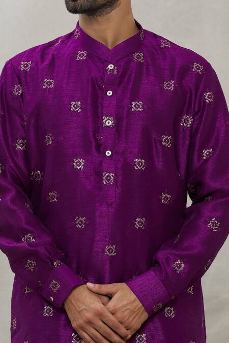 Rng Safawala_Purple Kurta - Cotton , Pant- Dupion Thread And Sequin Embroidered Set_at_Aza_Fashions