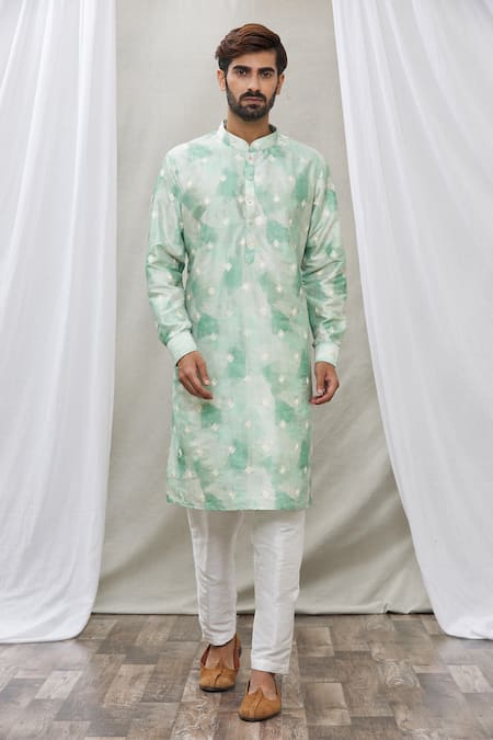 Rng Safawala_Green Kurta - Cotton , Pant- Dupion Zari And Thread Embroidered Set _Online_at_Aza_Fashions