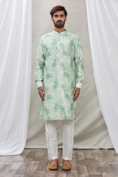 Buy_Rng Safawala_Green Kurta - Cotton , Pant- Dupion Zari And Thread Embroidered Set _Online_at_Aza_Fashions