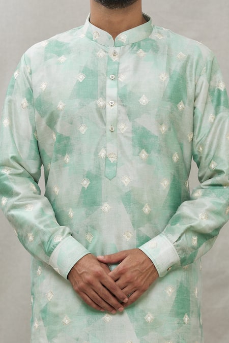 Rng Safawala_Green Kurta - Cotton , Pant- Dupion Zari And Thread Embroidered Set _at_Aza_Fashions