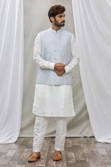 Rng Safawala_Blue Bundi - Raw , Kurta And Pant - Dupion Zari Embroidered & Set _Online_at_Aza_Fashions