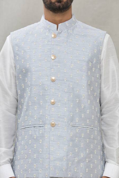 Rng Safawala_Blue Bundi - Raw , Kurta And Pant - Dupion Zari Embroidered & Set _at_Aza_Fashions