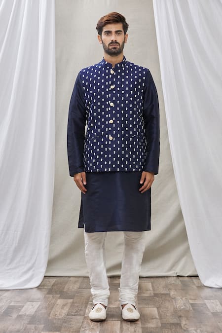 Rng Safawala_Blue Bundi - Raw , Kurta And Churidar - Dupion Thread Embroidered & Set _Online_at_Aza_Fashions