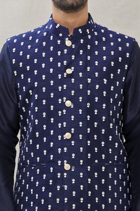 Rng Safawala_Blue Bundi - Raw , Kurta And Churidar - Dupion Thread Embroidered & Set _at_Aza_Fashions