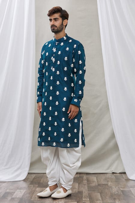 Rng Safawala_Blue Cotton Silk Thread And Mirror Work Embroidered Kurta Set _Online_at_Aza_Fashions