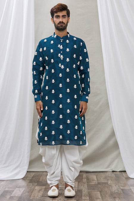 Buy_Rng Safawala_Blue Cotton Silk Thread And Mirror Work Embroidered Kurta Set _Online_at_Aza_Fashions