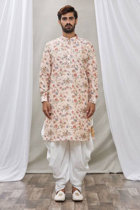 Rng Safawala_Peach Cotton Silk Zari Thread Printed Bundi And Kurta Set _Online_at_Aza_Fashions