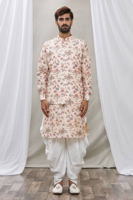 Buy_Rng Safawala_Peach Cotton Silk Zari Thread Printed Bundi And Kurta Set _Online_at_Aza_Fashions