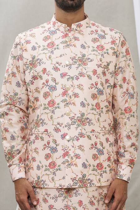 Rng Safawala_Peach Cotton Silk Zari Thread Printed Bundi And Kurta Set _at_Aza_Fashions