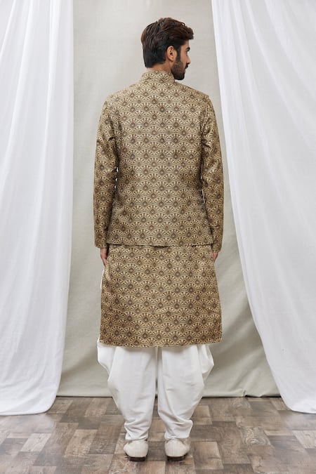 Shop Rng Safawala Brown Bundi - Raw Silk, Dhoti Pant - Cotton Silk, Kurta - Dupion Print And Set at Aza Fashions Shop_Rng Safawala_Brown Bundi - Raw Silk, Dhoti Pant - Cotton Silk, Kurta - Dupion Print And Set _at_Aza_Fashions
