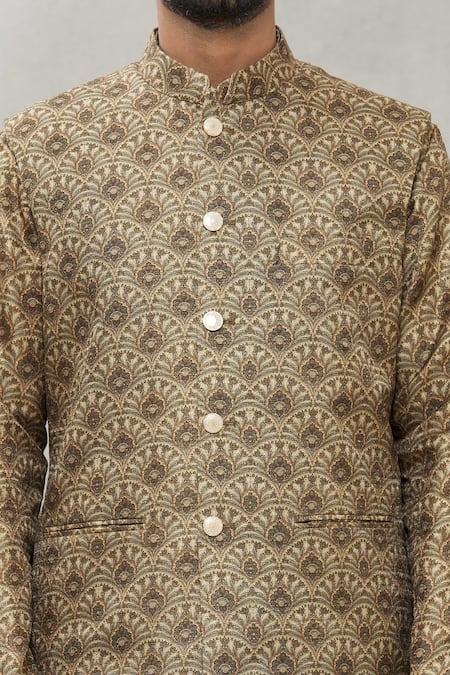 Rng Safawala Brown Bundi - Raw Silk, Dhoti Pant - Cotton Silk, Kurta - Dupion Print And Set at Aza Fashions Rng Safawala_Brown Bundi - Raw Silk, Dhoti Pant - Cotton Silk, Kurta - Dupion Print And Set _at_Aza_Fashions