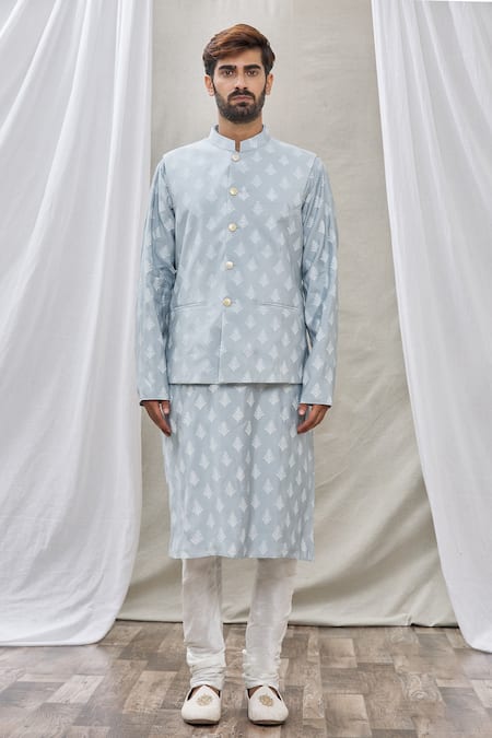 RNG Safawala_Grey Bundi And Kurta Cotton Silk Printed Floral & Set _Online_at_Aza_Fashions