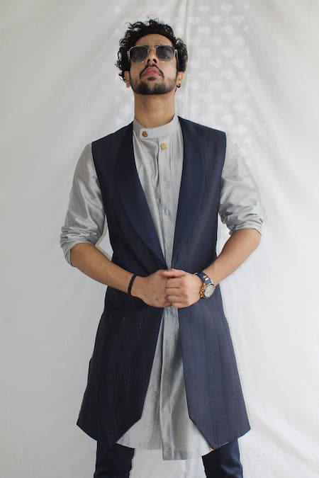 Rng Safawala_Blue French Terry Kurta And Embroidered Jacket Set _Online_at_Aza_Fashions