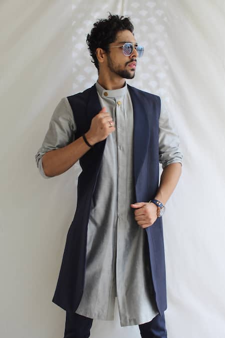 Shop_Rng Safawala_Blue French Terry Kurta And Embroidered Jacket Set _at_Aza_Fashions