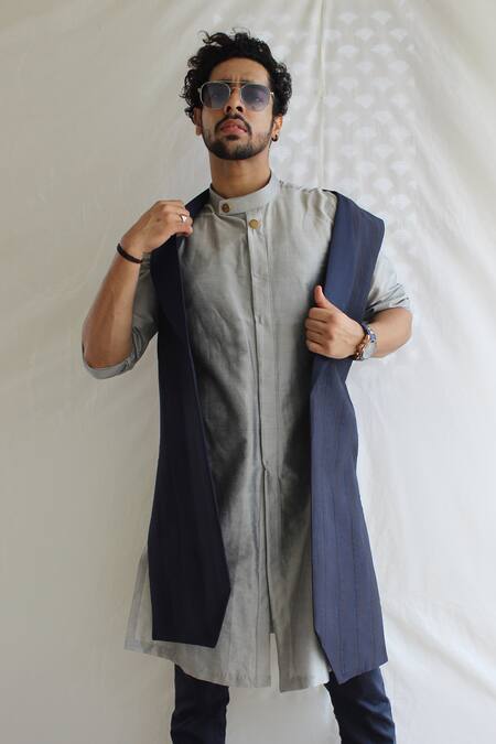 Buy_Rng Safawala_Blue French Terry Kurta And Embroidered Jacket Set _Online_at_Aza_Fashions