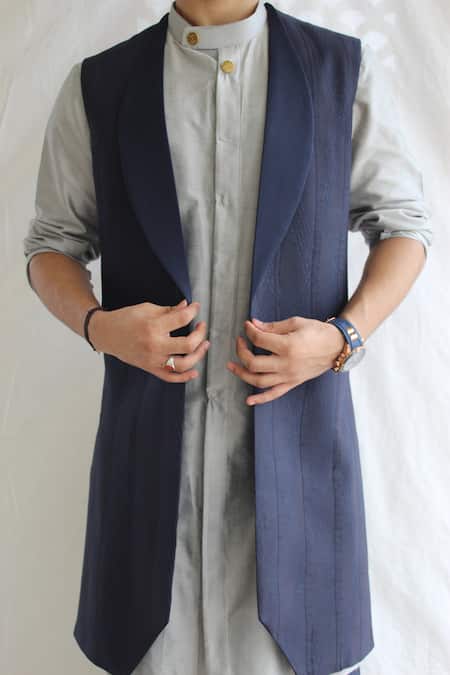 Rng Safawala_Blue French Terry Kurta And Embroidered Jacket Set _at_Aza_Fashions