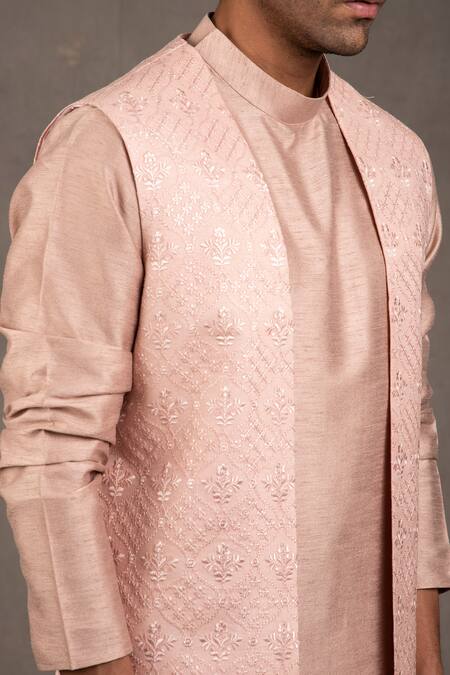 Rng Safawala Pink Bundi - Raw , Kurta And Pant- Dupion Floral Embroidered & Set at Aza Fashions Rng Safawala_Pink Bundi - Raw , Kurta And Pant- Dupion Floral Embroidered & Set _at_Aza_Fashions