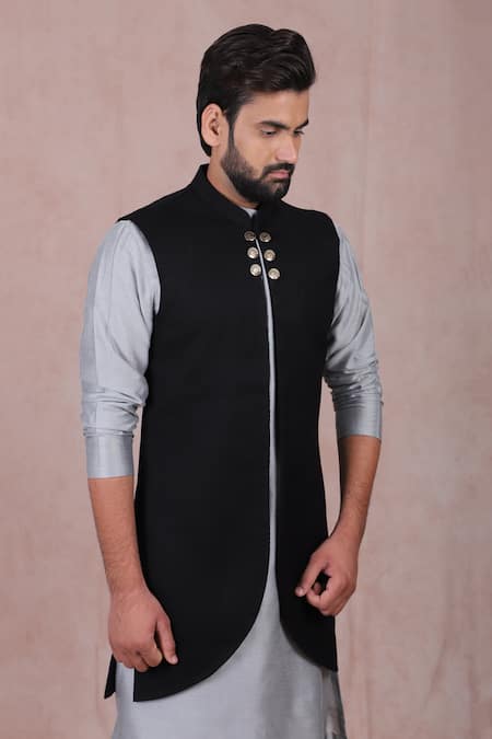 RNG Safawala_Black French Terry Long Jacket And Kurta Set _Online_at_Aza_Fashions