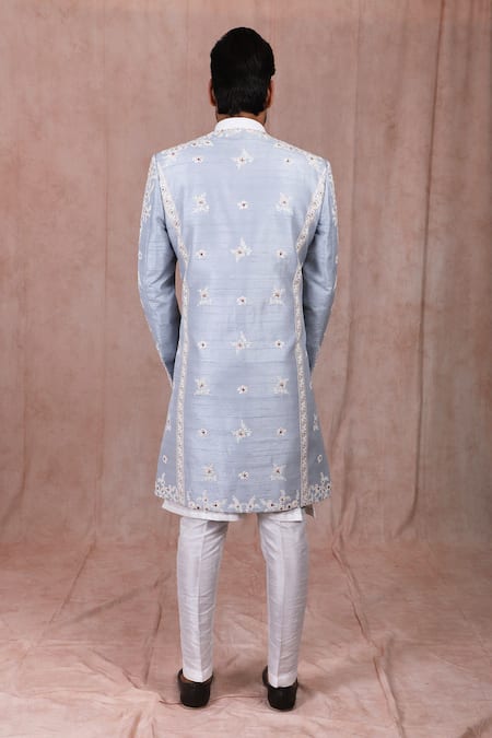 Rng Safawala Maya Blue Floral Embroidered Sherwani Set For Kids
