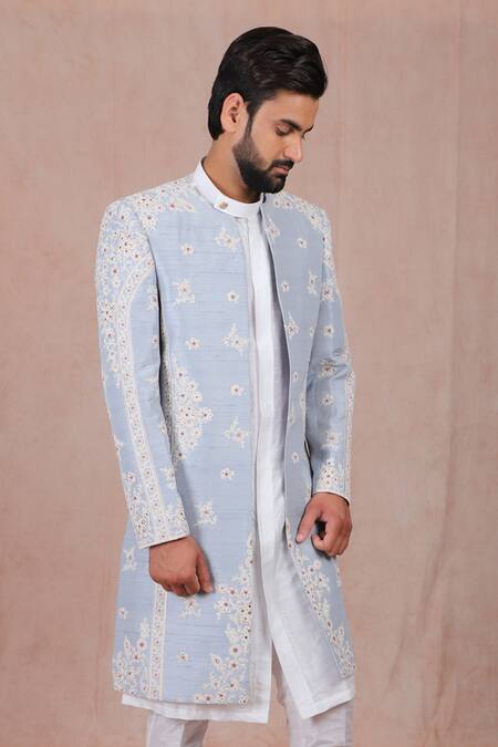 Rng Safawala_Blue Silk Embroidery Maya Floral Sherwani Set For Kids_Online_at_Aza_Fashions