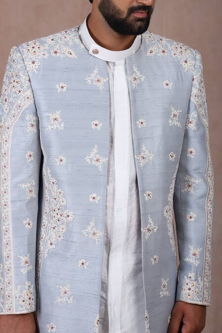 Buy_Rng Safawala_Blue Silk Embroidery Maya Floral Sherwani Set For Kids_Online_at_Aza_Fashions
