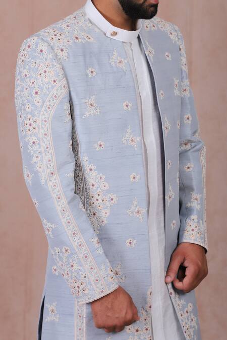 Shop_Rng Safawala_Blue Silk Embroidery Maya Floral Sherwani Set For Kids_Online_at_Aza_Fashions