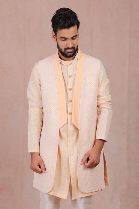 Rng Safawala_Peach Raw Silk Embroidered Jacket And Kurta Set _Online_at_Aza_Fashions