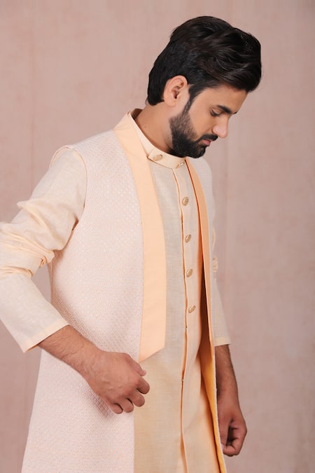 Buy_Rng Safawala_Peach Raw Silk Embroidered Jacket And Kurta Set _Online_at_Aza_Fashions