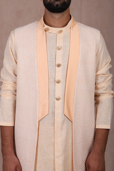 Shop_Rng Safawala_Peach Raw Silk Embroidered Jacket And Kurta Set _Online_at_Aza_Fashions
