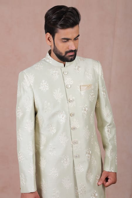 Rng Safawala_Green Silk Embroidery, Sequins Sherwani Set For Kids_Online_at_Aza_Fashions