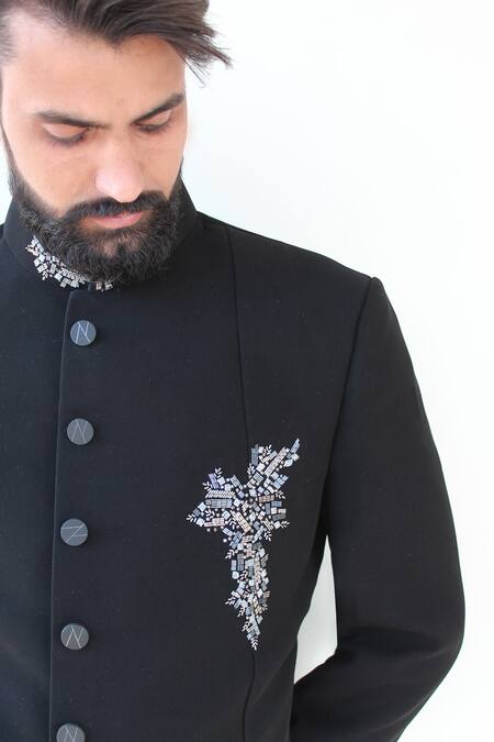 Buy_Rng Safawala_Black French Terry Asymmetric Embroidered Sherwani Set _Online_at_Aza_Fashions