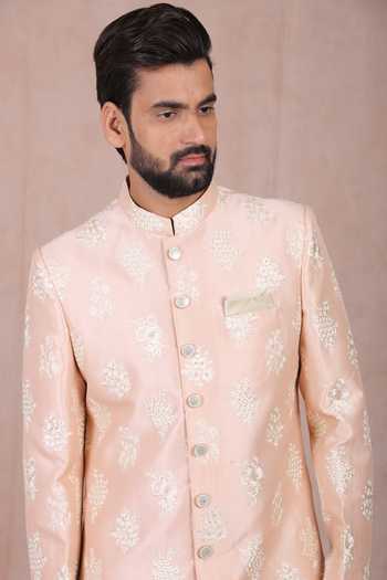 Rng Safawala_Pink Silk Embroidery, Sequins Raw Sherwani Set For Kids_Online_at_Aza_Fashions