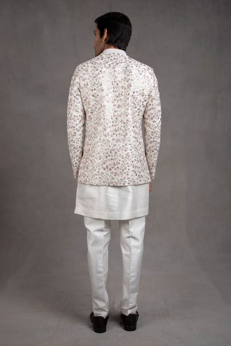 Shop Rng Safawala White Jacket - Raw , Kurta And Pant- Dupion Floral Embroidered & Set at Aza Fashions Shop_Rng Safawala_White Jacket - Raw , Kurta And Pant- Dupion Floral Embroidered & Set _at_Aza_Fashions