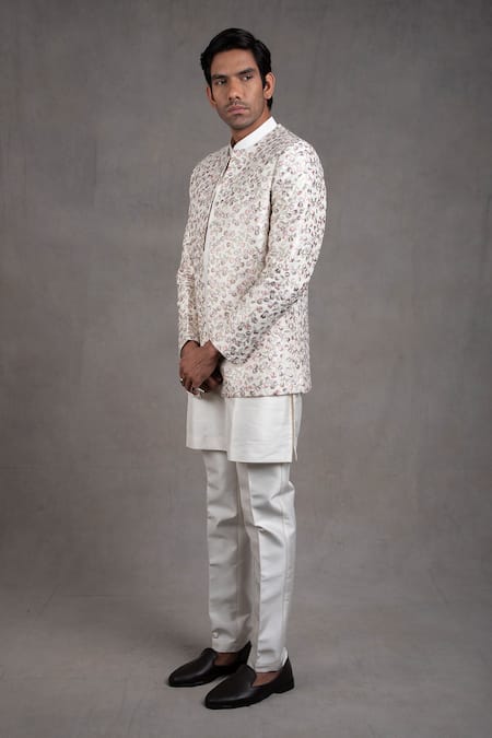 Rng Safawala White Jacket - Raw , Kurta And Pant- Dupion Floral Embroidered & Set Online at Aza Fashions Rng Safawala_White Jacket - Raw , Kurta And Pant- Dupion Floral Embroidered & Set _Online_at_Aza_Fashions